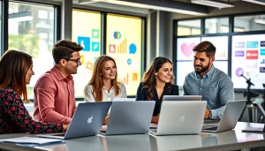 Social media marketing edmonton team collaborating in a modern office.