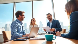 Engaging real estate agent assisting clients in a vibrant office setting during a consultation