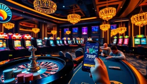 Experience the excitement of winning at 789f.mex.com with a vibrant casino scene featuring roulette, poker, and slot machines.