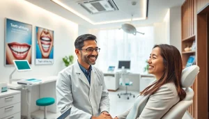 Bright dental clinic showcasing teeth whitening Malaysia services with smiling patients and professional ambiance.