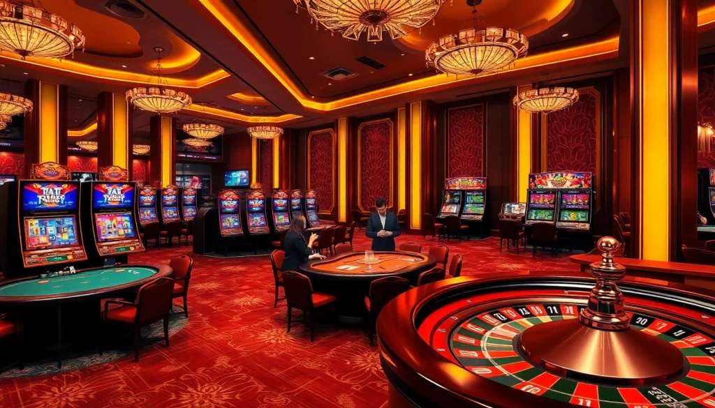 Exciting gambling scene with tai uu88 interface showcasing poker games and vibrant slot machines.