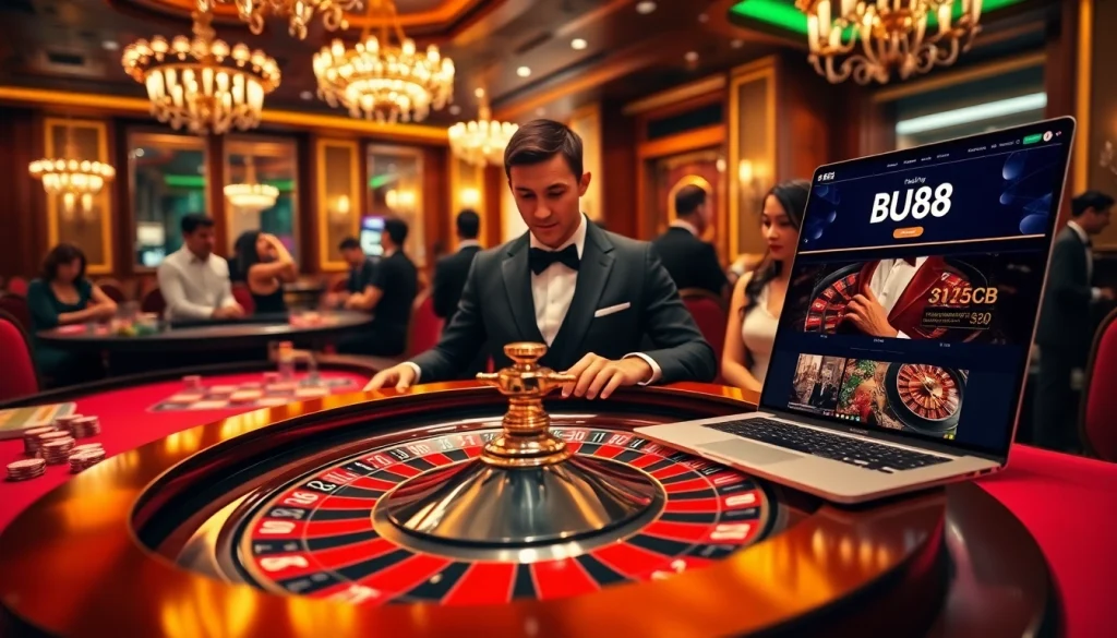 Players experiencing excitement at BU88's luxurious online casino setup with live roulette and betting chips.
