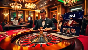 Players experiencing excitement at BU88's luxurious online casino setup with live roulette and betting chips.