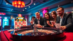 xx88 players enjoying a thrilling moment at a luxurious casino table with poker chips.