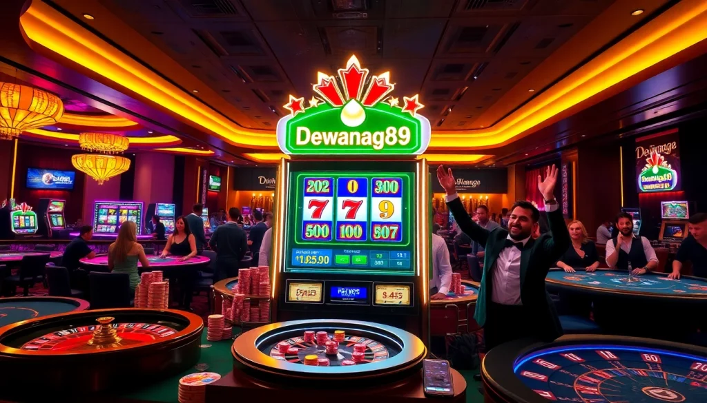 Experience the excitement of dewanaga89 slot with vibrant casino elements and celebrating players.