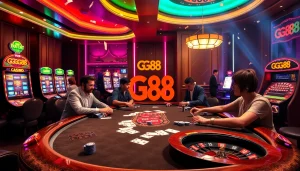 Players enjoying an exciting poker game at GG 88 casino table, showcasing vibrant slot machines.