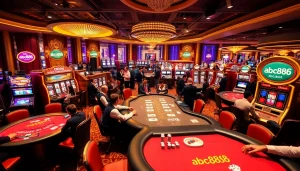 Players excitedly engaging with abc888 gaming tables in a luxurious casino atmosphere.