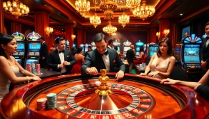 FC88 players engage in a thrilling casino atmosphere with poker chips and roulette wheels.