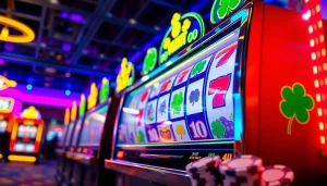 Memenangkan slot 50 perak di kasino yang ramai dengan slot machine berwarna-warni.