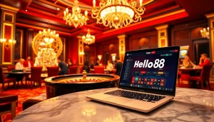 Exciting casino scene with Hello88 branding and vibrant gaming elements.
