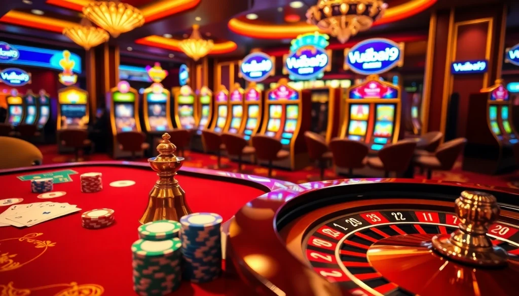 Enjoying an exciting game at Vuabai9's luxurious casino table filled with colorful poker chips and cards.