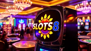 Exciting slot machine at SLOTS8 casino with vibrant lights and luxurious ambiance.