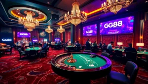 Experience the excitement of GG88, a luxurious casino filled with poker tables and roulette wheels.