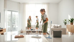 Efficient maid agency cleaning service in a bright living room with professional staff.