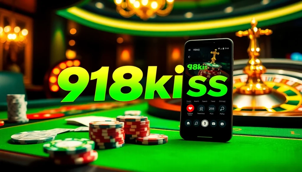 Catch the excitement of 918kiss with vibrant tables, chips, and a roulette wheel.