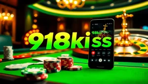Catch the excitement of 918kiss with vibrant tables, chips, and a roulette wheel.