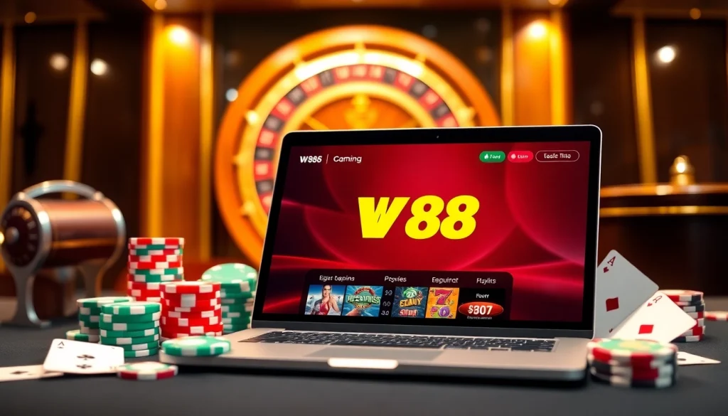 Experience thrilling gambling at W88 with vibrant gaming chips and cards.