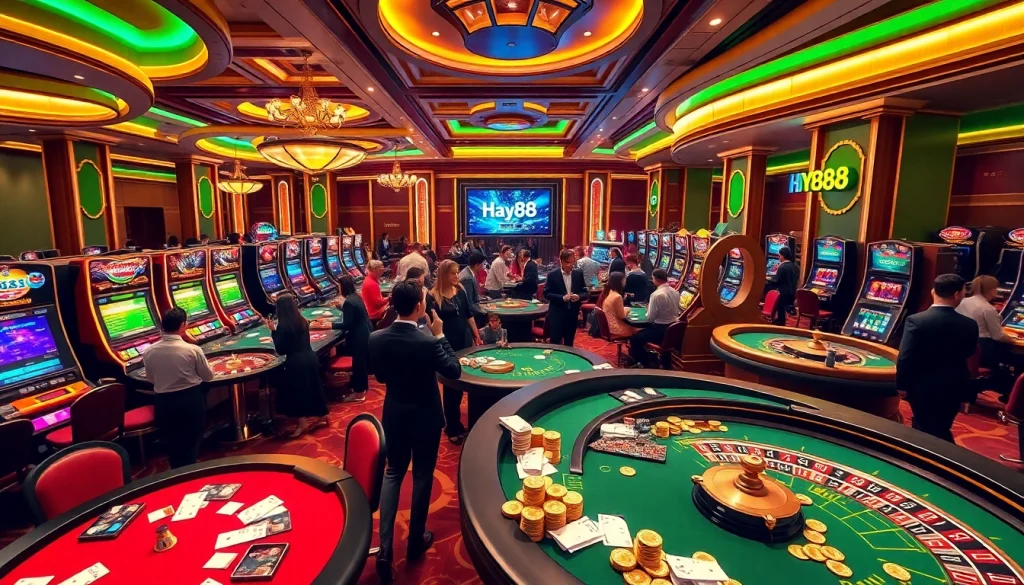Vibrant casino scene with enthusiastic players and Hay88 branding on slot machines.