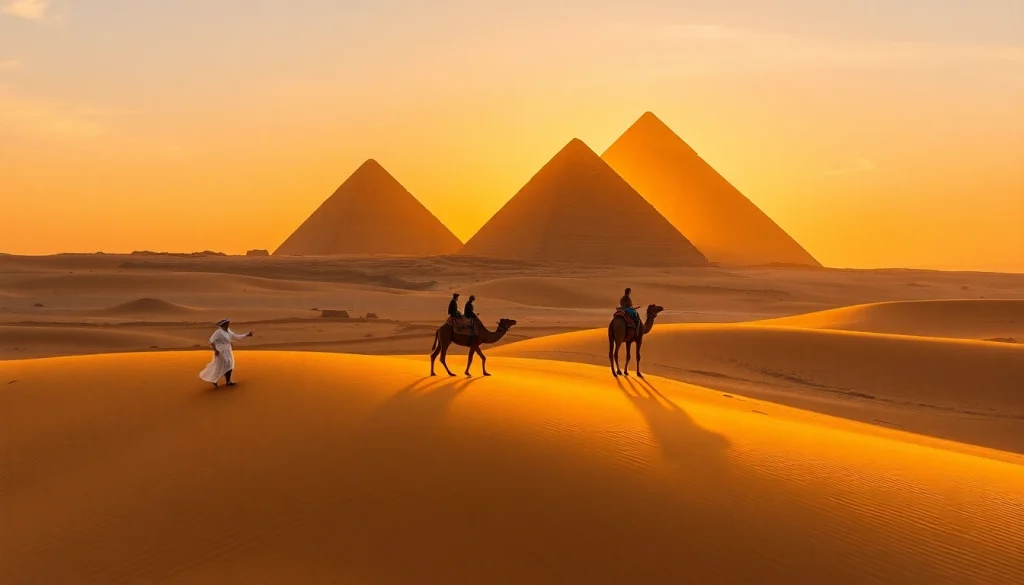 Experience the iconic Pyramids of Giza, featured on https://emegypt.net, in a breathtaking sunset scene.