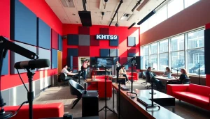 Capture the lively atmosphere of hometownstation.com’s KHTS radio studio showcasing modern broadcasting equipment.
