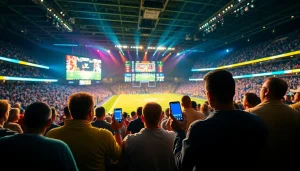Engage with Oklahoma sports betting through a lively sports stadium scene full of enthusiastic fans and bettors.