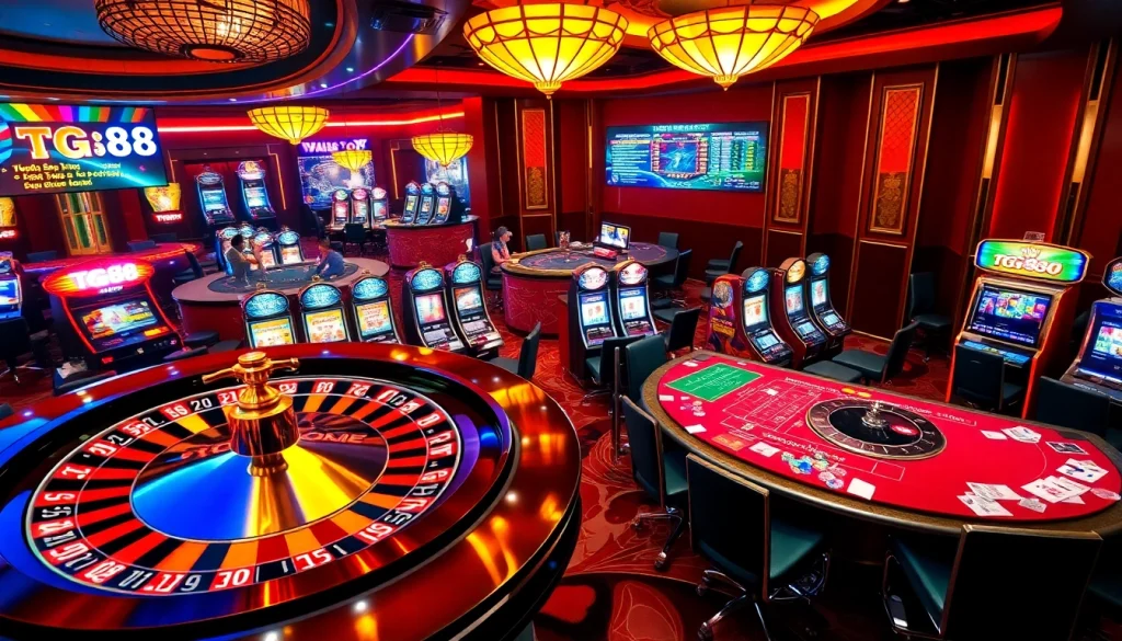 Experience thrilling gaming action at TG88 Casino with vibrant tables and exciting slot machines.