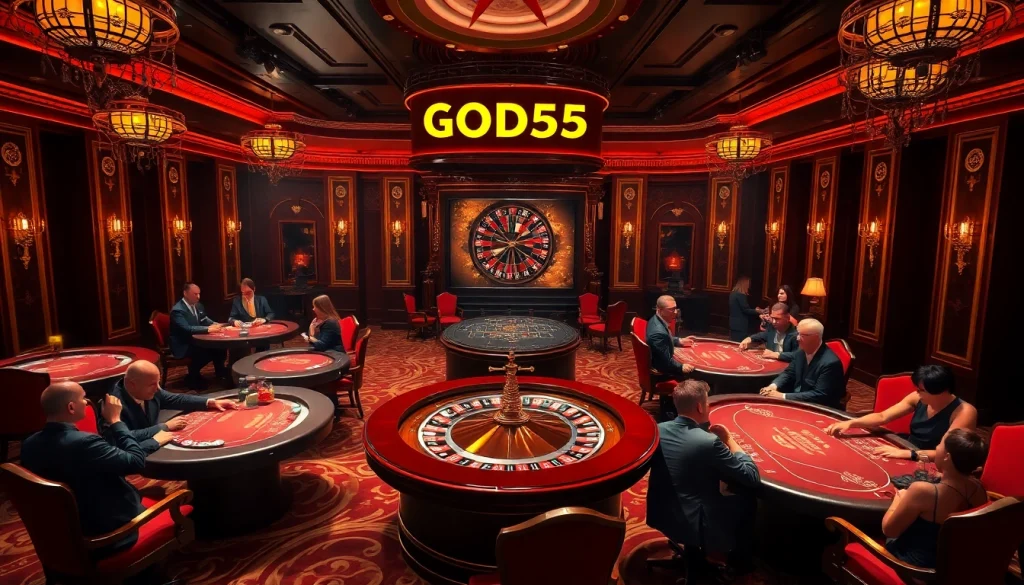 Experience the thrill of gambling with GOD55 in a luxurious casino environment featuring roulette and poker.