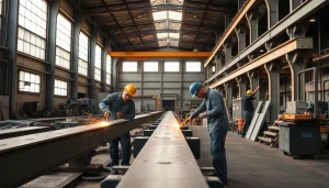 Showcasing structural steel fabrication processes, skilled workers weld and cut steel beams in a bustling workshop.