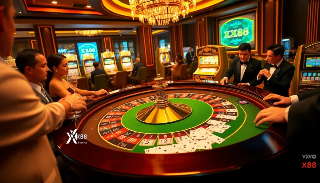 Experience the excitement of xx88 at a luxurious casino table filled with vibrant games and players.