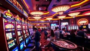 Players enjoy the immersive doaslot slot machine experience in a luxurious casino setting.