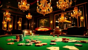 Excited players betting on a high-stakes poker game in a luxurious Lc88 casino atmosphere.