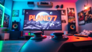 Menampilkan pengalaman menarik dari permainan PLANET77 game dengan setup gaming modern dan atmosfer yang energik.
