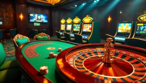 UU88 casino scene featuring an elegant poker table, roulette wheel, and vibrant slot machines, evoking excitement.