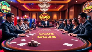 GG88 branded gaming table with enthusiastic players engaged in vibrant gameplay at a casino.