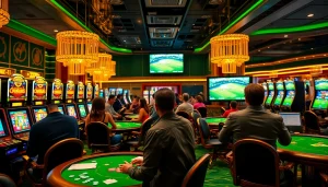 Experience trực tiếp bóng đá excitement at a luxurious casino with vibrant sports betting visuals.