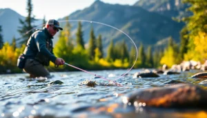 Reveal the precision of casting a Fly fishing line in a picturesque mountain setting.