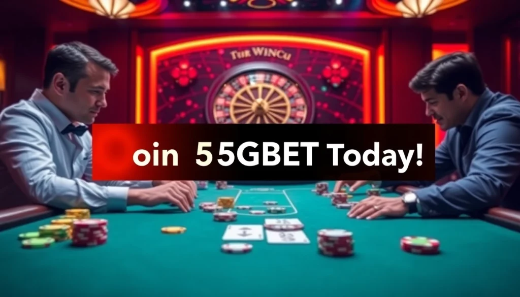 Experience the excitement of 5GBET with players at a poker table in a luxurious casino setting.