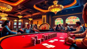 Action-packed poker game at 789p casino, highlighting colorful chips and a luxurious atmosphere.