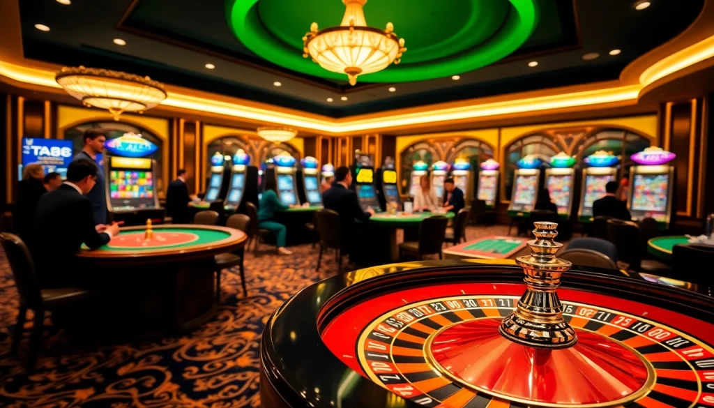 Experience top-notch gaming with ta88., showcasing vibrant slot machines and poker tables in a luxurious casino.