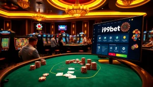 i9bet casino scene with poker chips and a roulette wheel in a luxurious setting