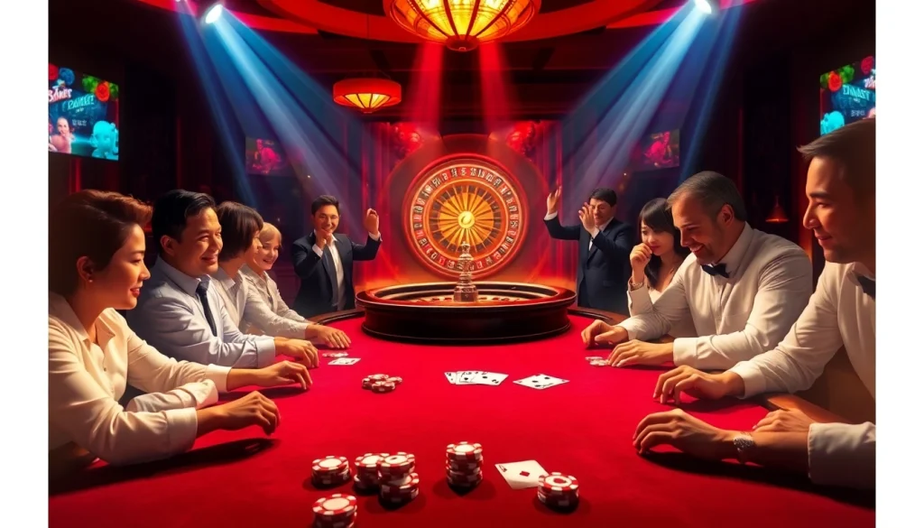 Experience the thrill of winning at 9Dbet with a lively casino scene featuring poker chips and cards.