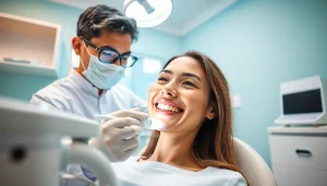 Teeth whitening Malaysia: a dentist applying whitening treatment to a smiling patient in a modern clinic.