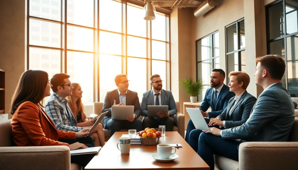 Business professionals collaborating in an engaging meeting in a modern office.