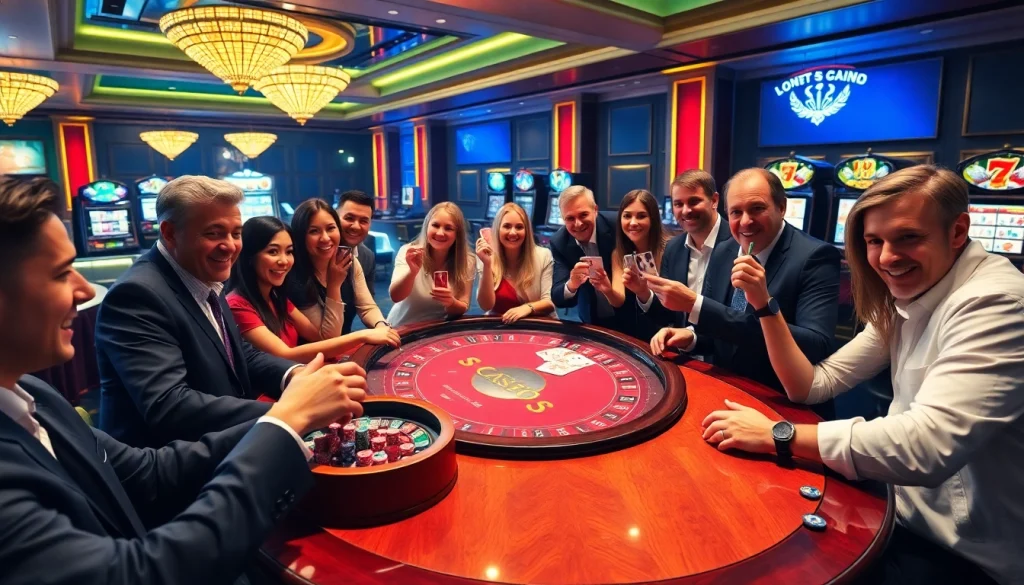 S8 players celebrating wins at a vibrant casino table with colorful chips and cards.