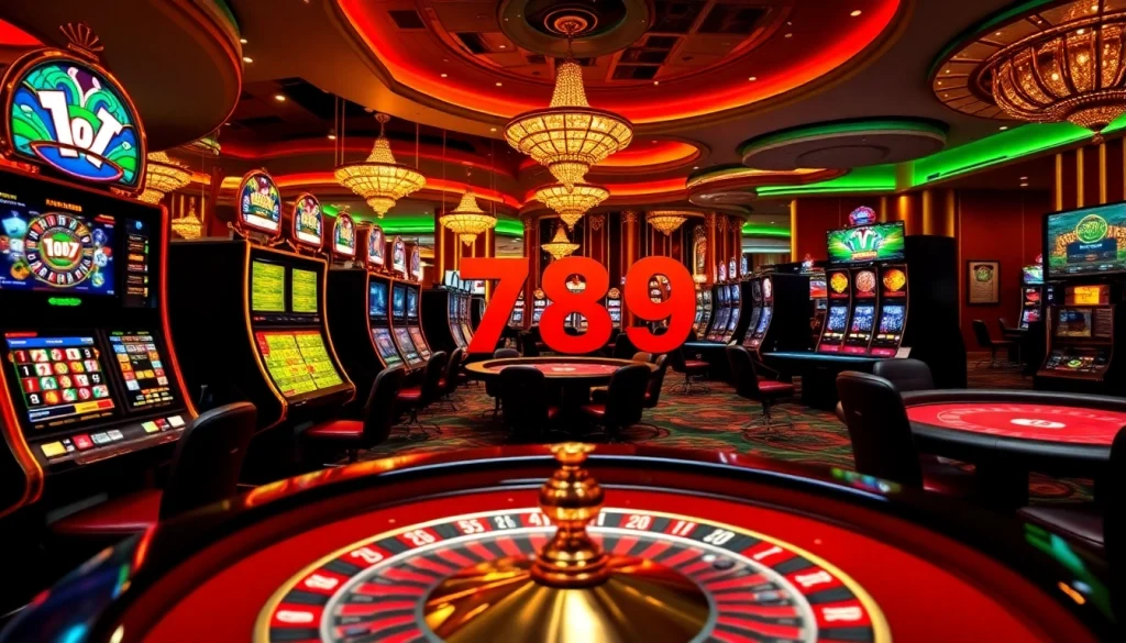 Engaging moment at 789 BET casino with dazzling slot machines and poker tables.