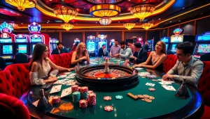 Exciting scene at Nhà Cái mm88 with gamblers enjoying roulette and poker in a luxurious casino setting.