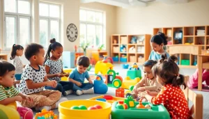 Engaged children at https://juniorsjunction.com learning and playing in a vibrant childcare environment.