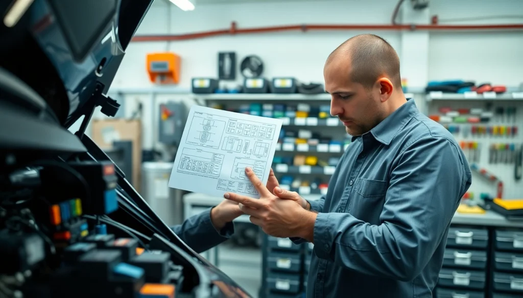 Inspecting automotive fuses at https://bezpieczniki24.pl with detailed schematics in a professional workshop.