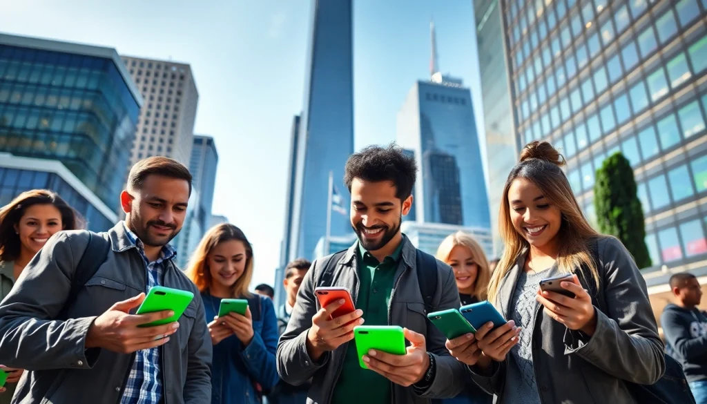 Engaging scene of sports betting in Canada with diverse individuals using devices in an urban setting.