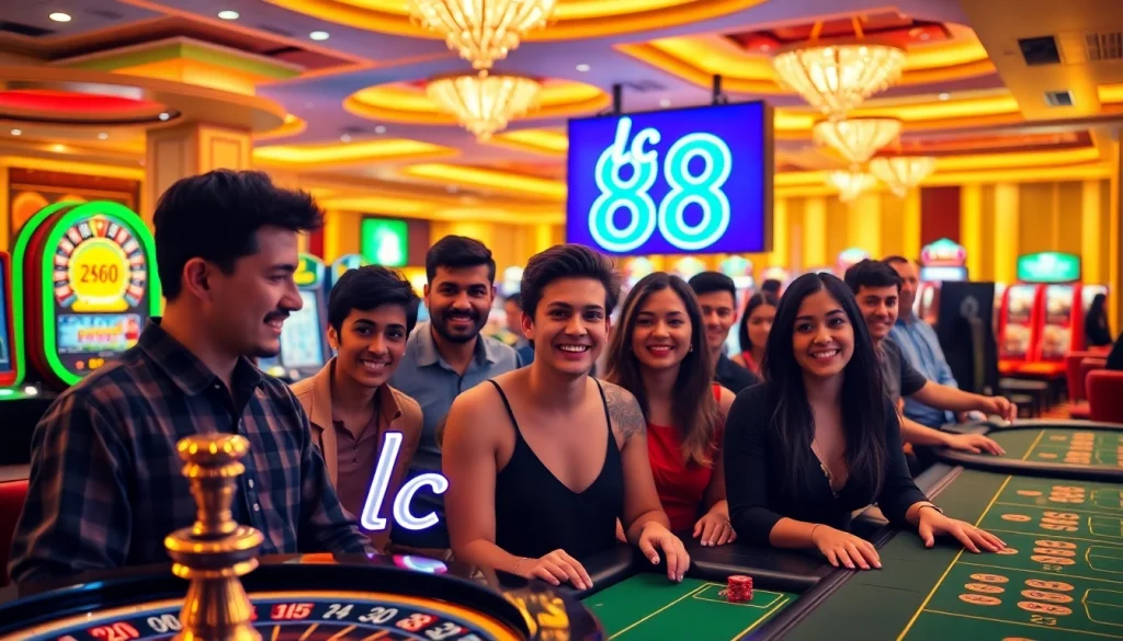 Engaged gamblers playing at a luxurious casino featuring lc 88 themed elements.
